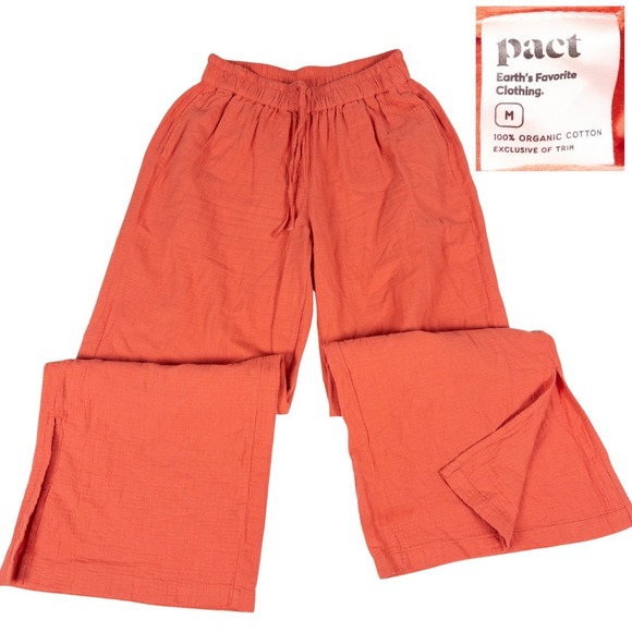 Pact Pants - Pact Gauze Pants Women M Orange Wide Leg Elastic Waist Drawstring Organic Cotton